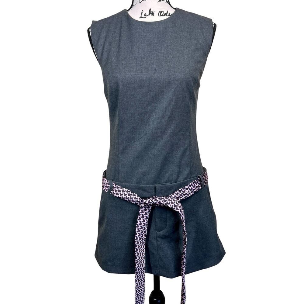 Zara grey sleeveless mini dress features an accented by a patterned tie-belt S